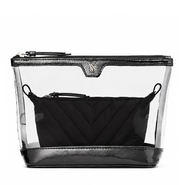 Косметичка 2 в 1 чорна Victoria's Secret 2-Piece Makeup Bag Black V-Quilt - зображення
