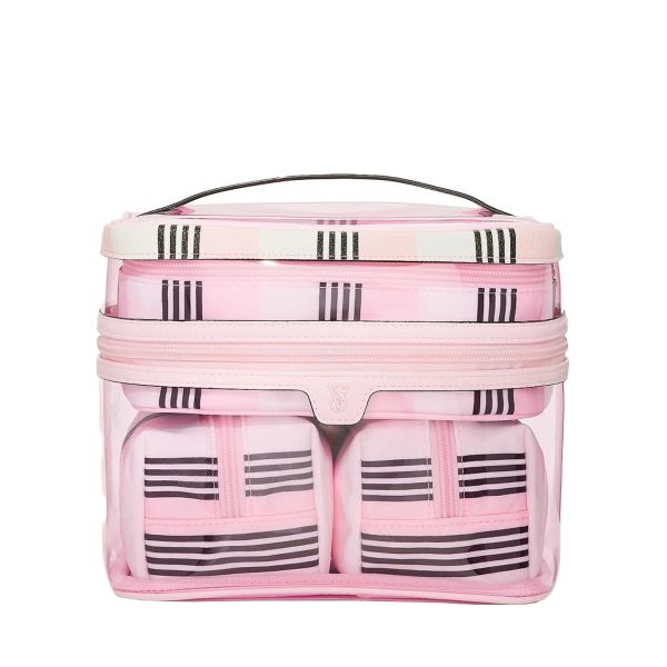 Косметичка 4 в 1 рожево-чорна смужка Victoria's Secret 4-Piece Makeup Bag Pink and Black Stripe - зображення