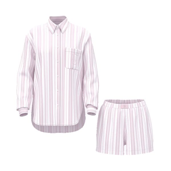 Піжама рожева смужка з шортами Victoria's Secret Modal-Cotton Long-Sleeve Short Pajama Set - зображення