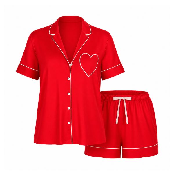 Піжама червона із шортами Victoria's Secret Signature Satin Heart Short Pajama Set Red - зображення