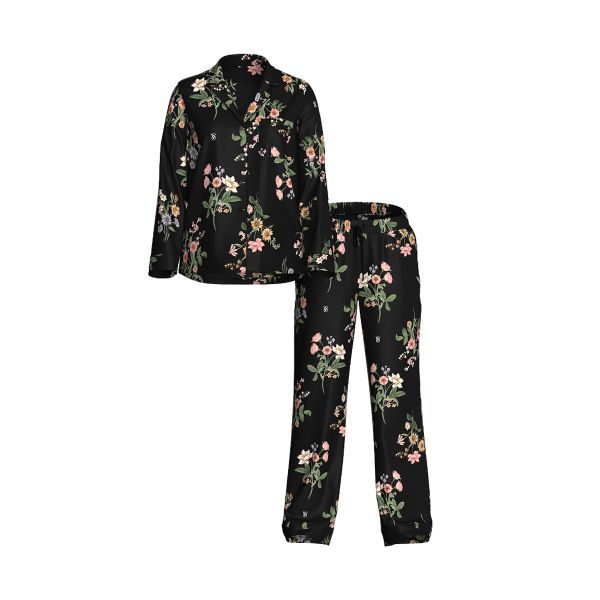 Піжама чорна зі штанами Victoria's Secret Signature Satin Long Pajama Set Black Botanical - зображення
