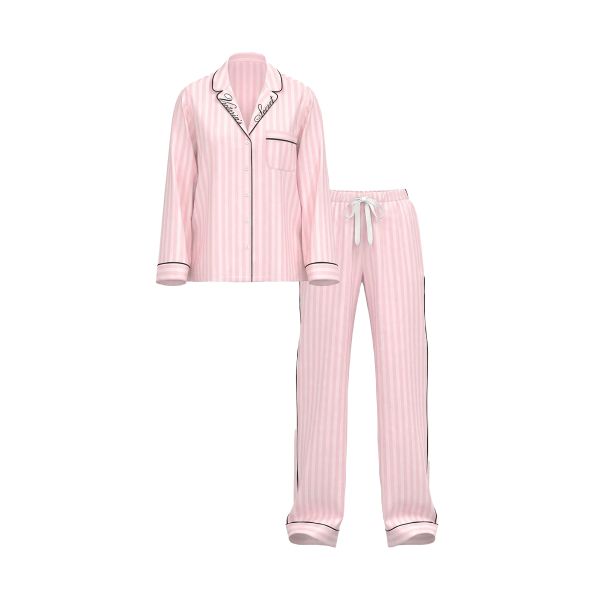 Піжама зі штанами Victoria's Secret Signature Satin Long Pajama Set Embroidered Collar Print - зображення