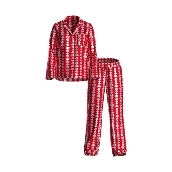 Піжама червона зі штанами Victoria's Secret Signature Satin Long Pajama Set Lipstick Hearts Regular - зображення