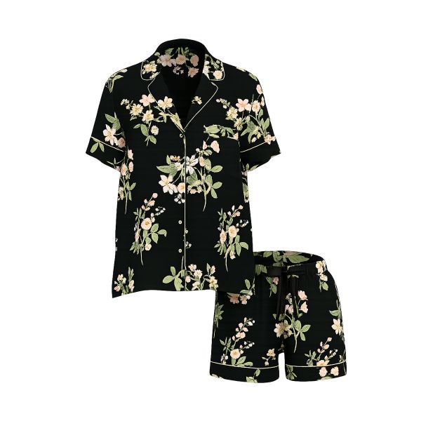 Піжама чорна квіти з шортами Victoria's Secret Signature Satin Short Pajama Set Black Botanical - зображення